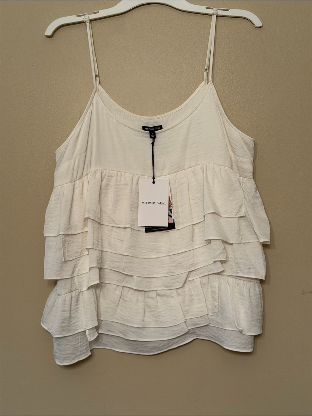 WHO WHAT WEAR Ivory Ruffled Layered Tiered Cami Tank Top Spaghetti Straps Large